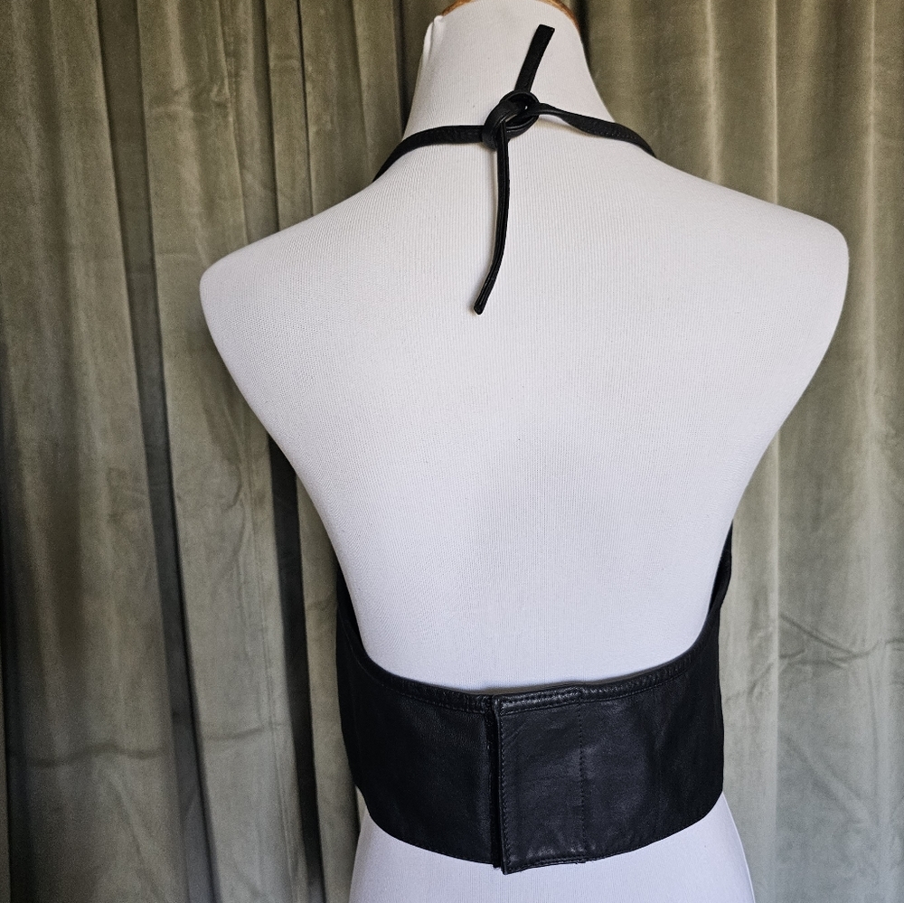 VTG Western Motoboho Yallternative Biker Black Leather Tie Cropped Halter Top - Picture 4 of 11